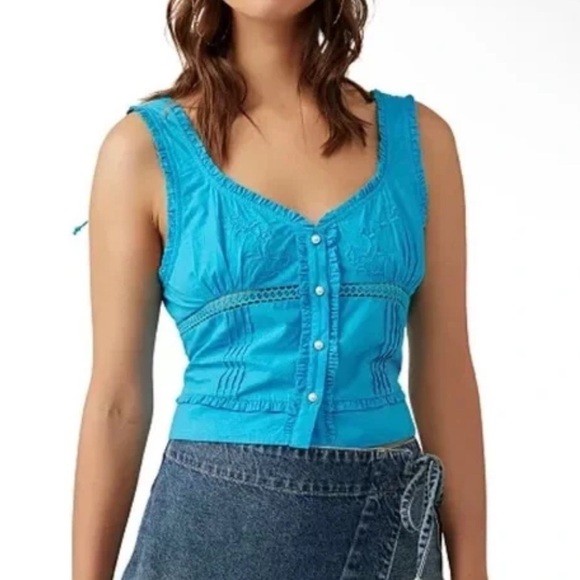 Free People Kerry Embroidered Ruffle Trim Cotton Tank Top Size Medium - Picture 1 of 14